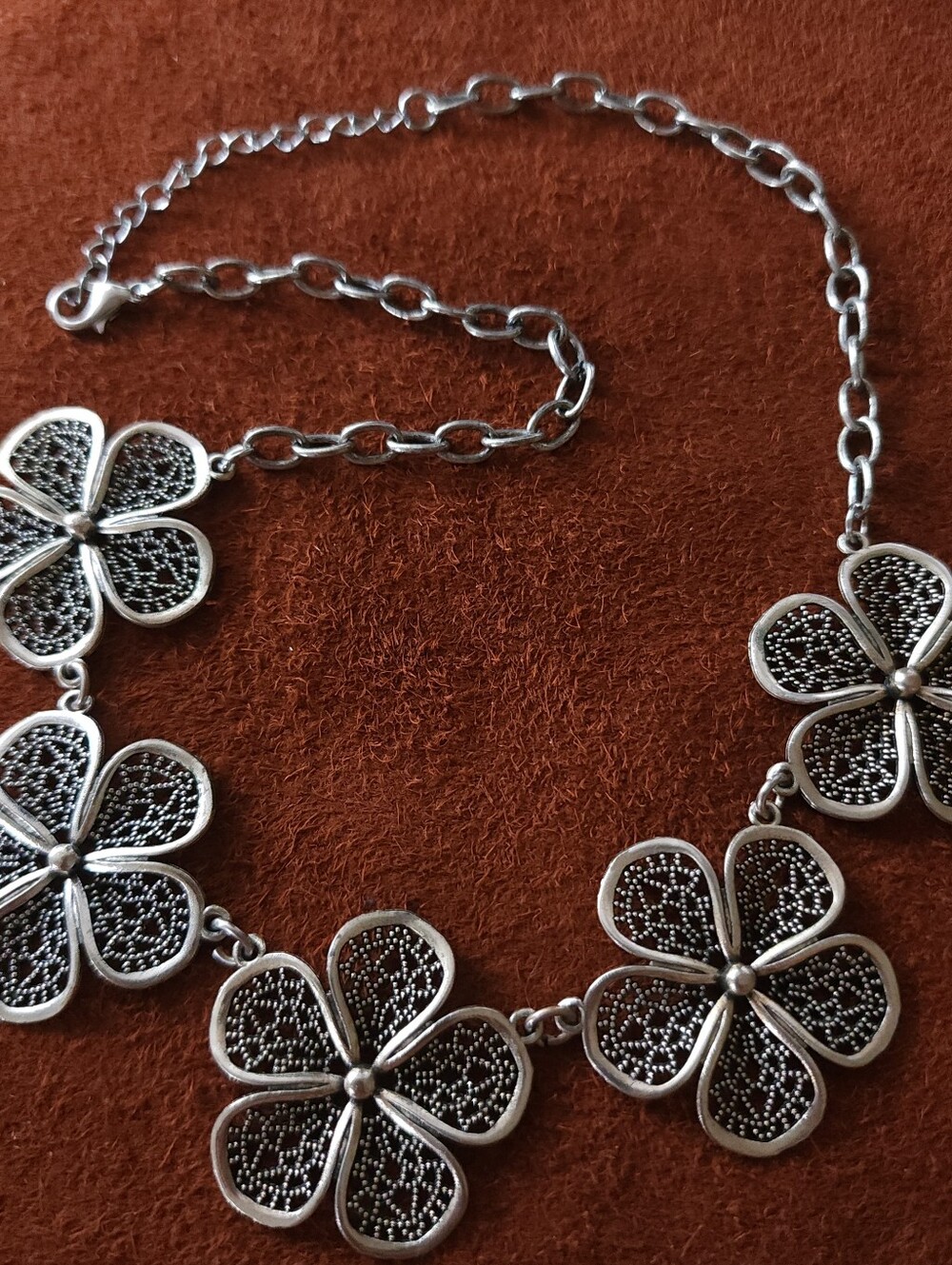 Vintage Floral Boho Necklace Link Chain Bib Silver Tone Statement Romantic